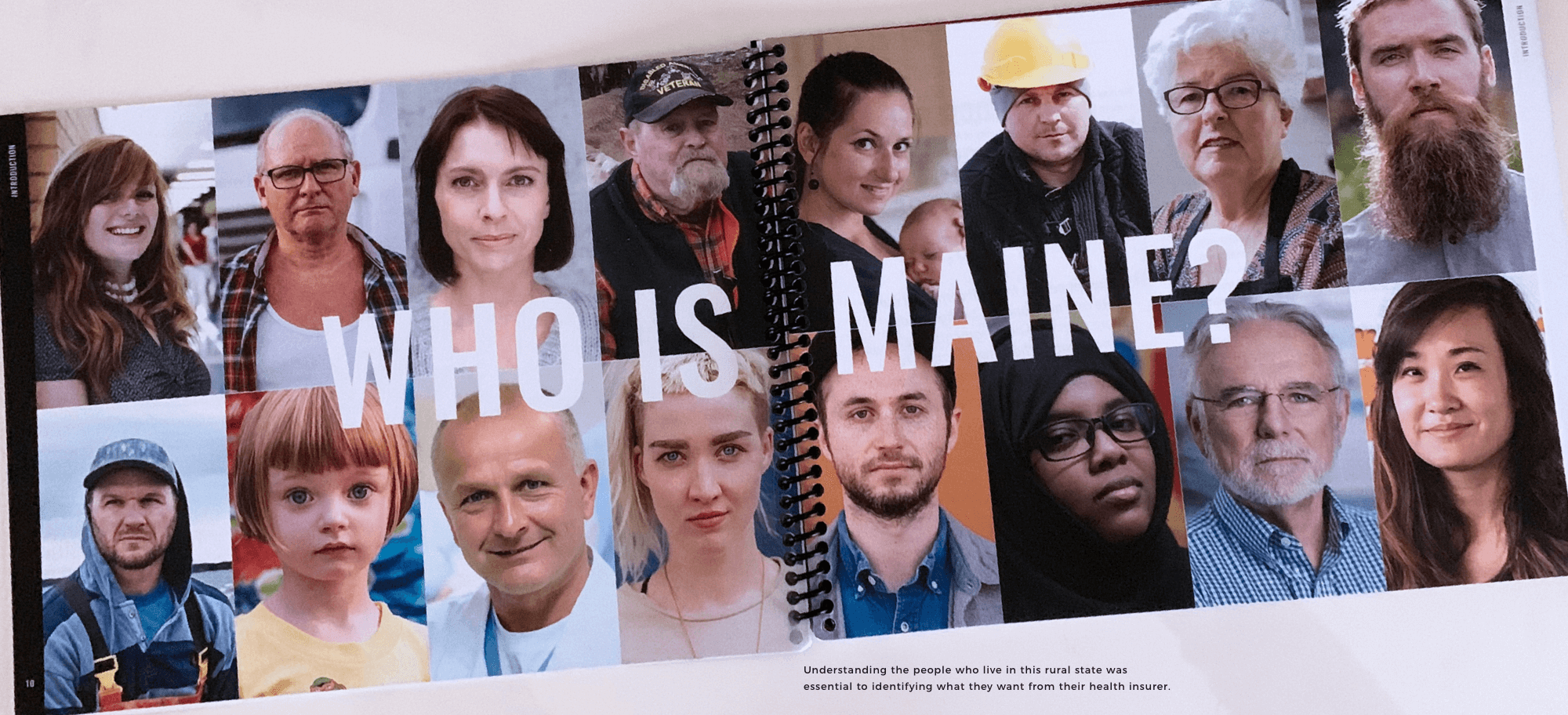 double spread of insights report with portraits of Mainers