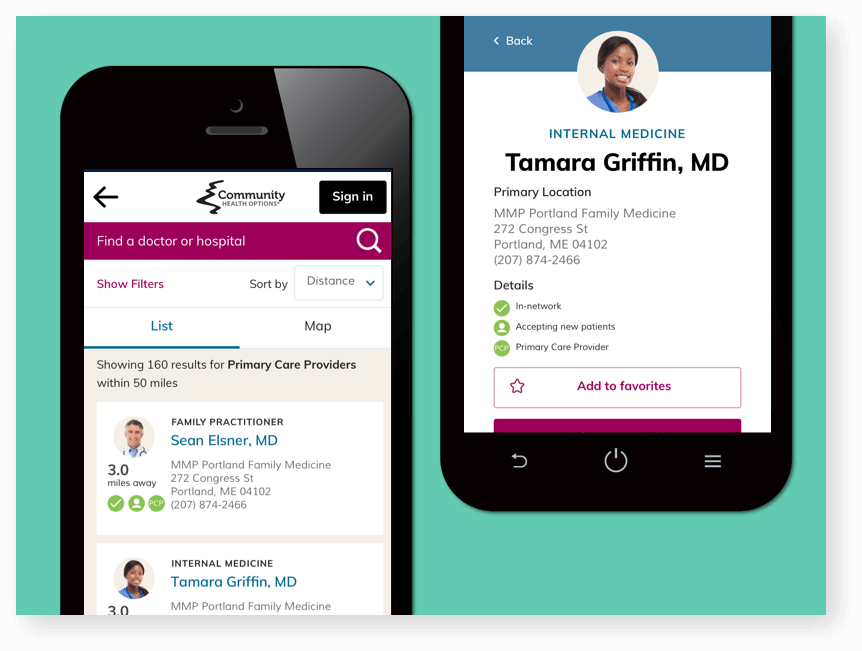 Mobile screens for Provider directory and Provider detail