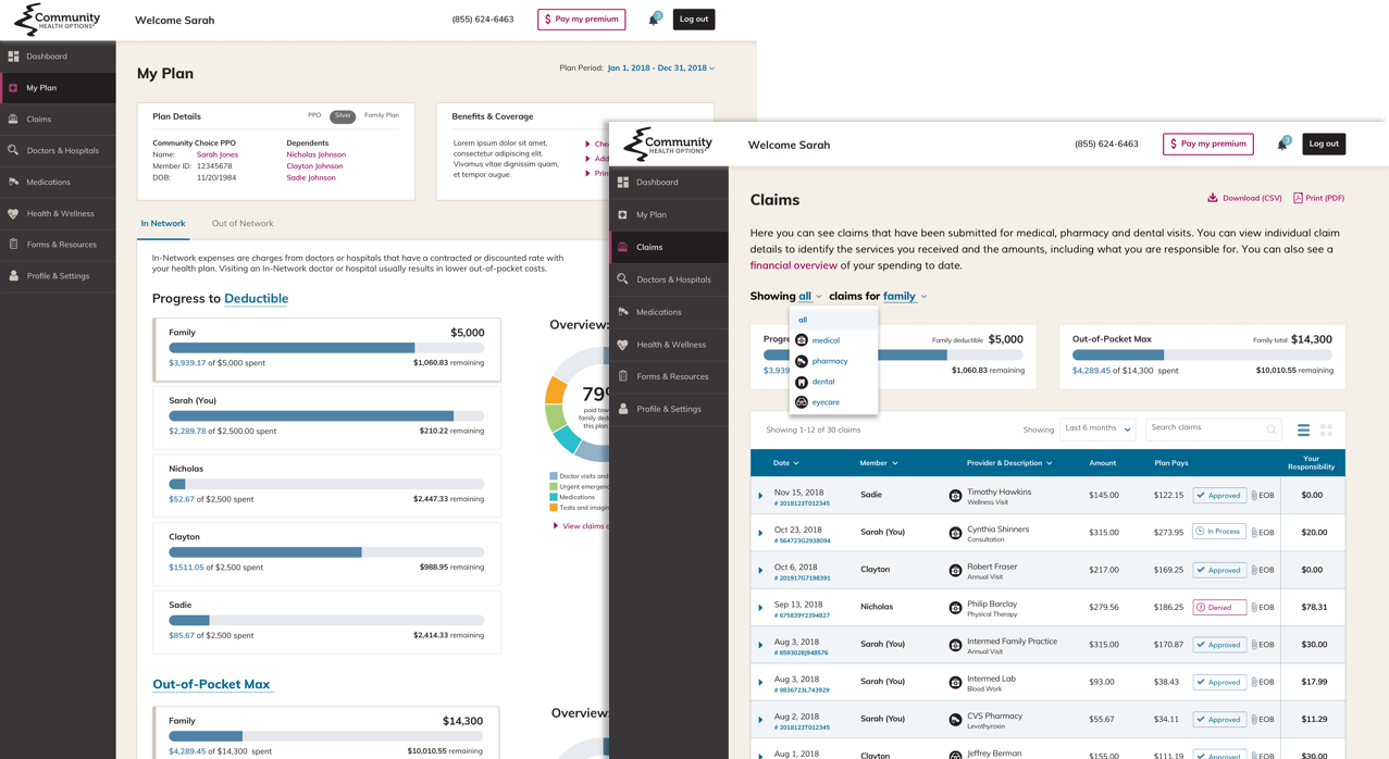 Community Health Options provider portal plan and claims screens