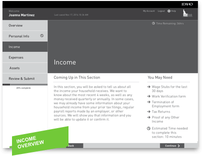 IDHW wireframe: income overview