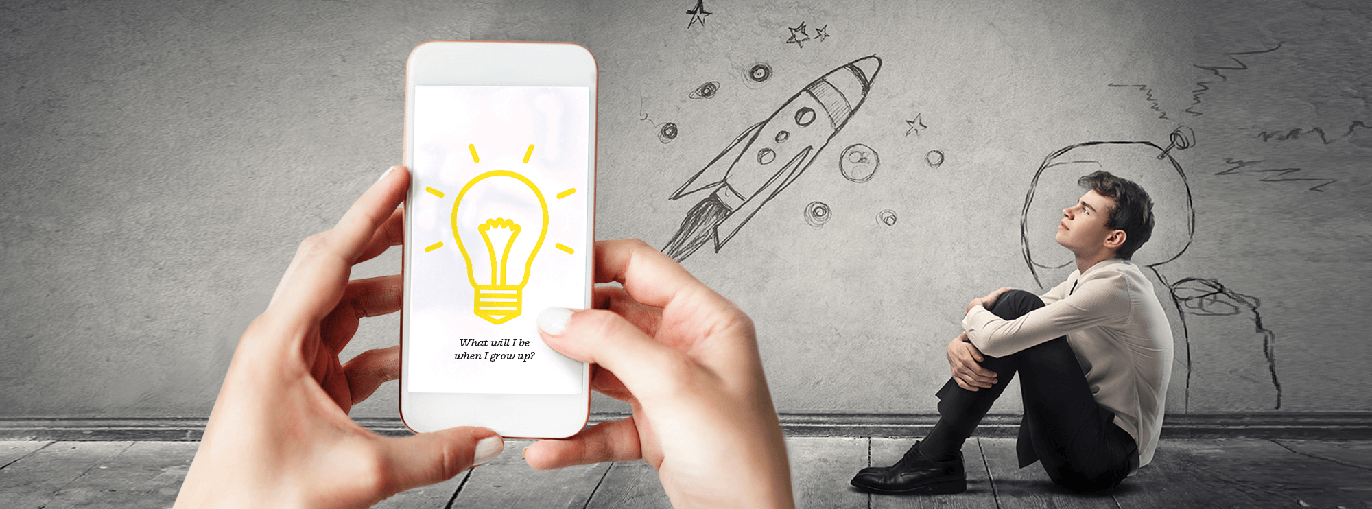 Young man, rocket ship and mobile device collage