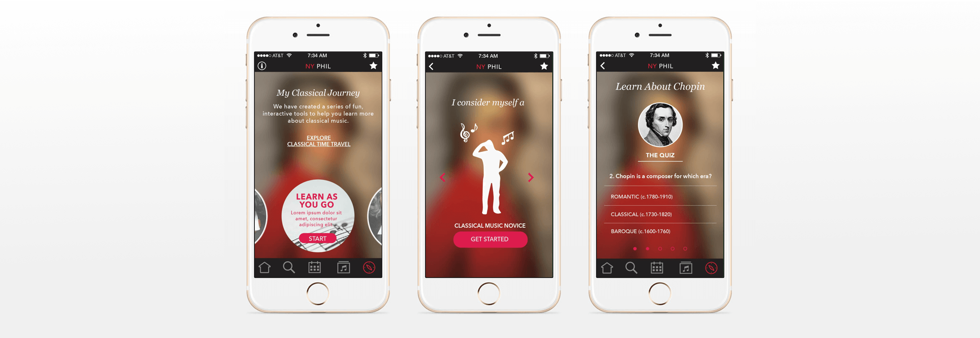 NY Phil mobile app: classical journey screens