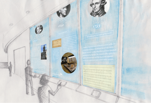 NY Phil interior interactive exhibit concept sketch